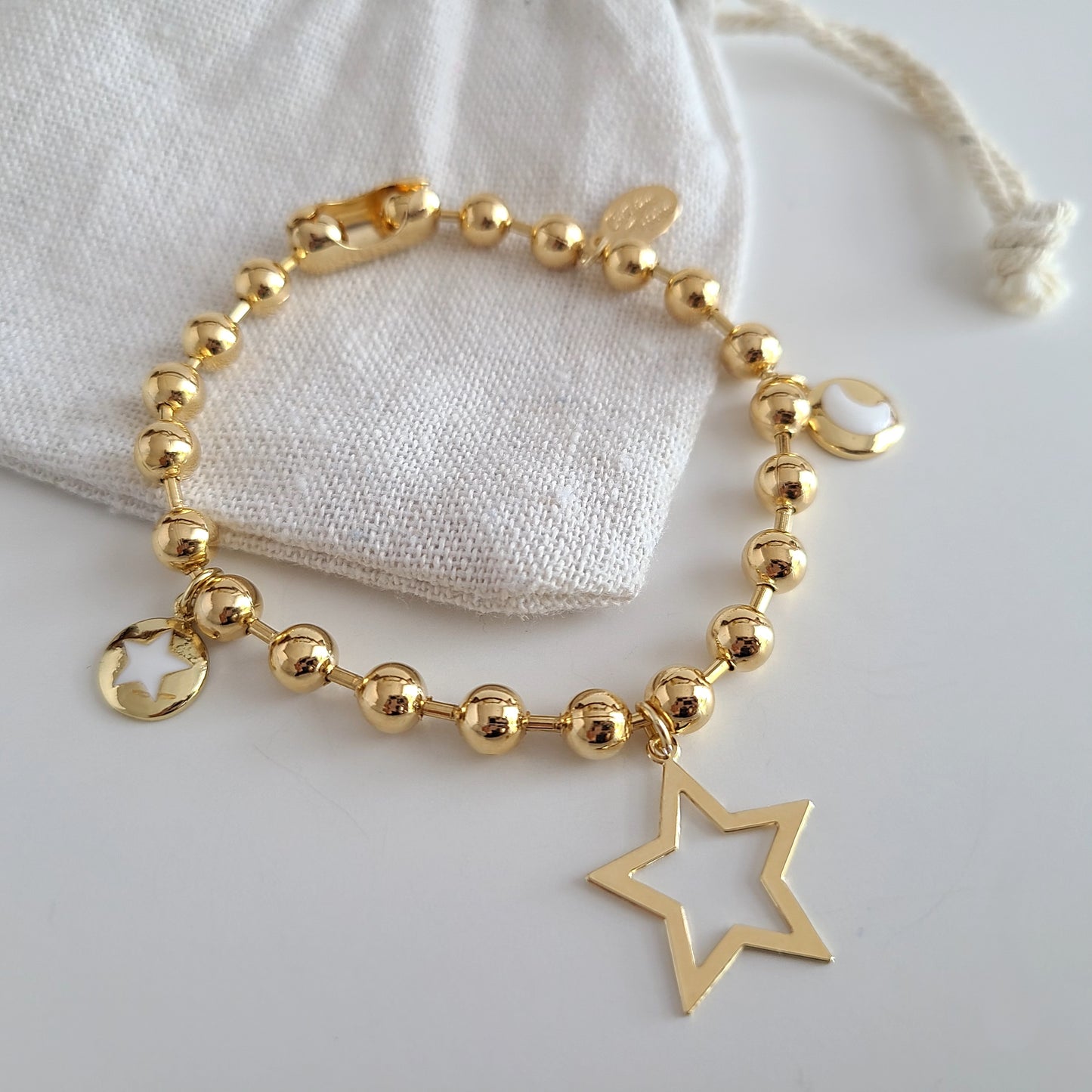 Gold Ball Chain Bracelet - Star & Moon