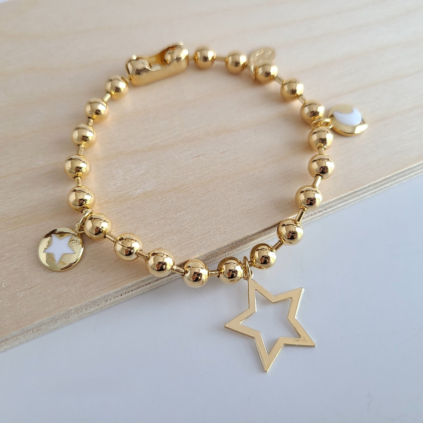 Gold Ball Chain Bracelet - Star & Moon