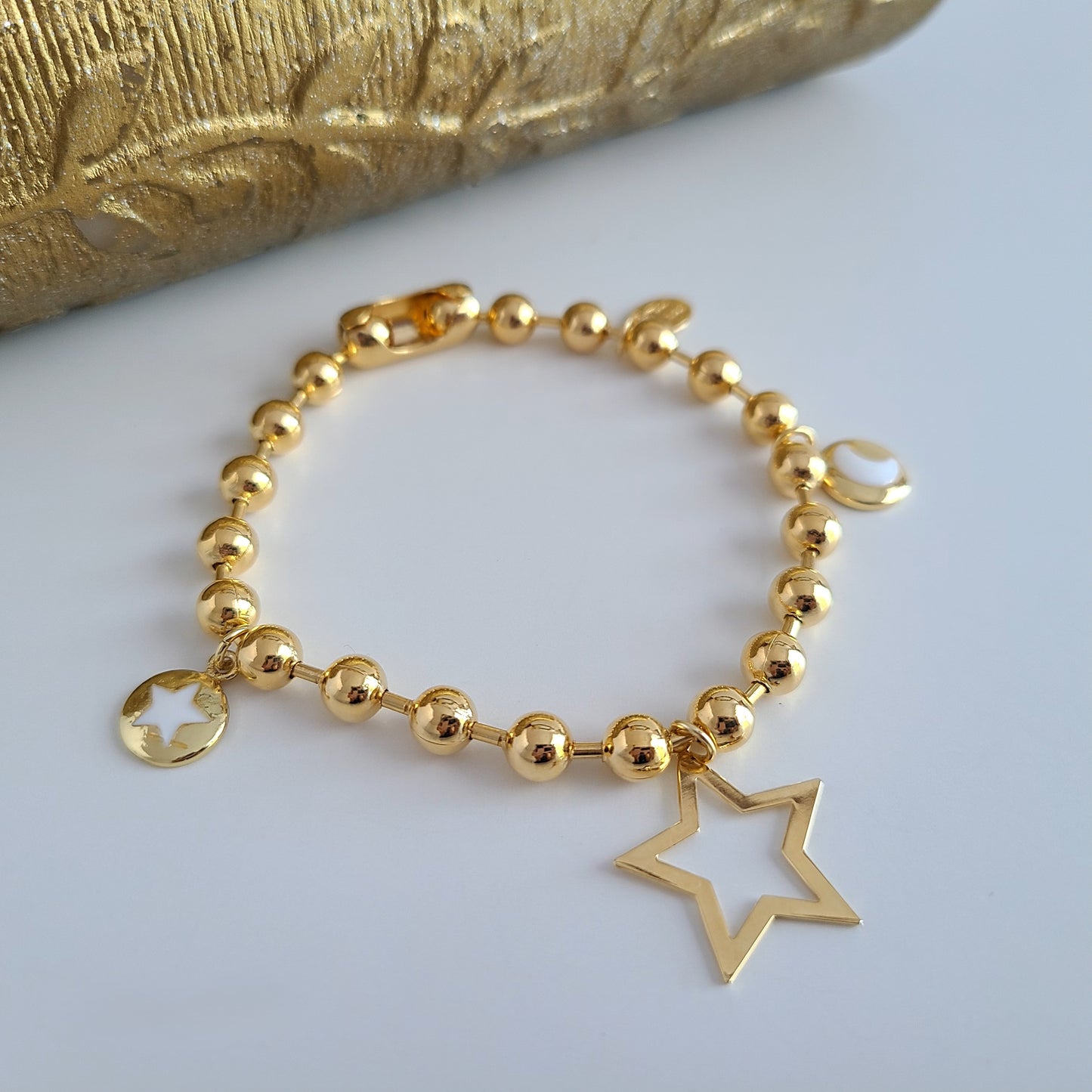 Gold Ball Chain Bracelet - Star & Moon