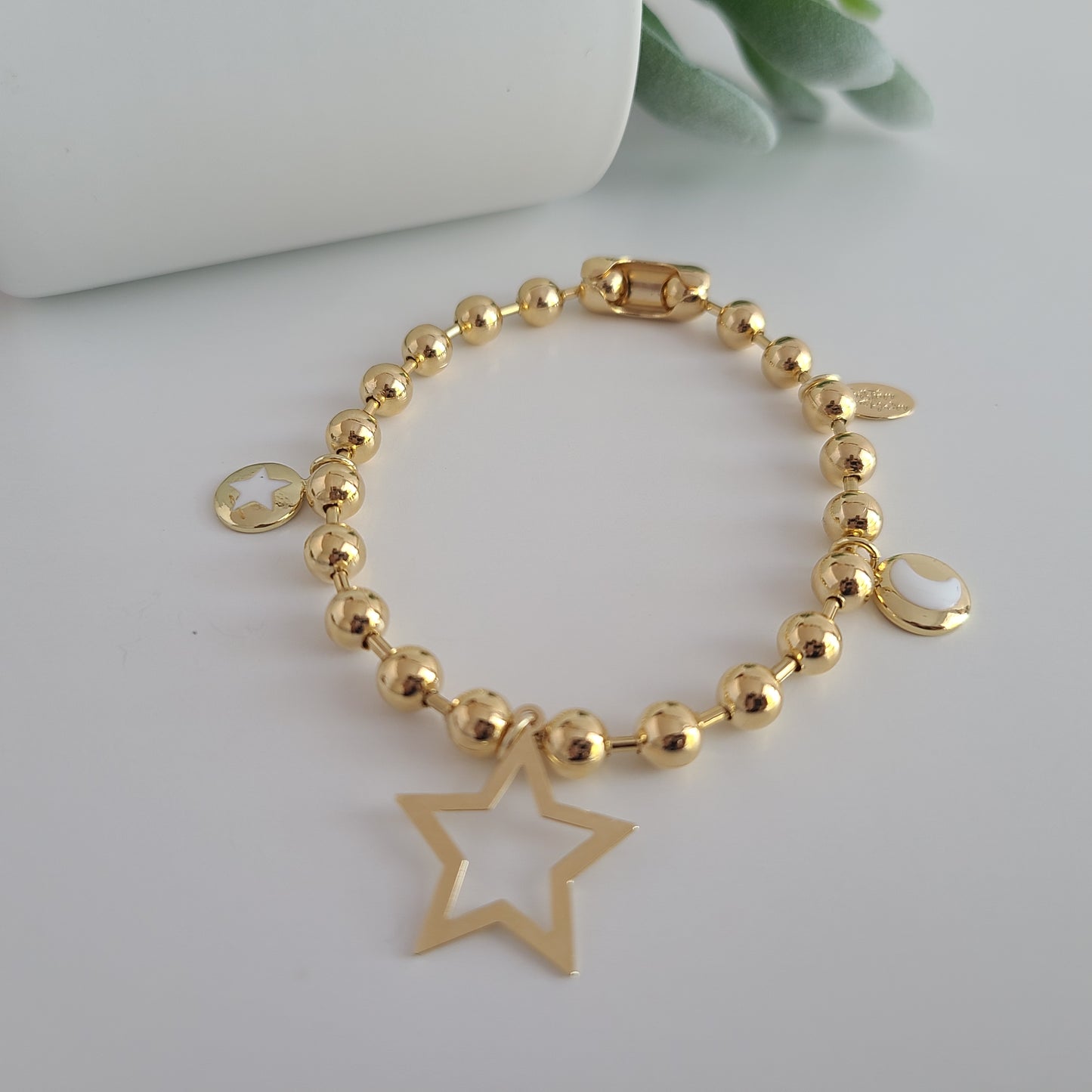 Gold Ball Chain Bracelet - Star & Moon