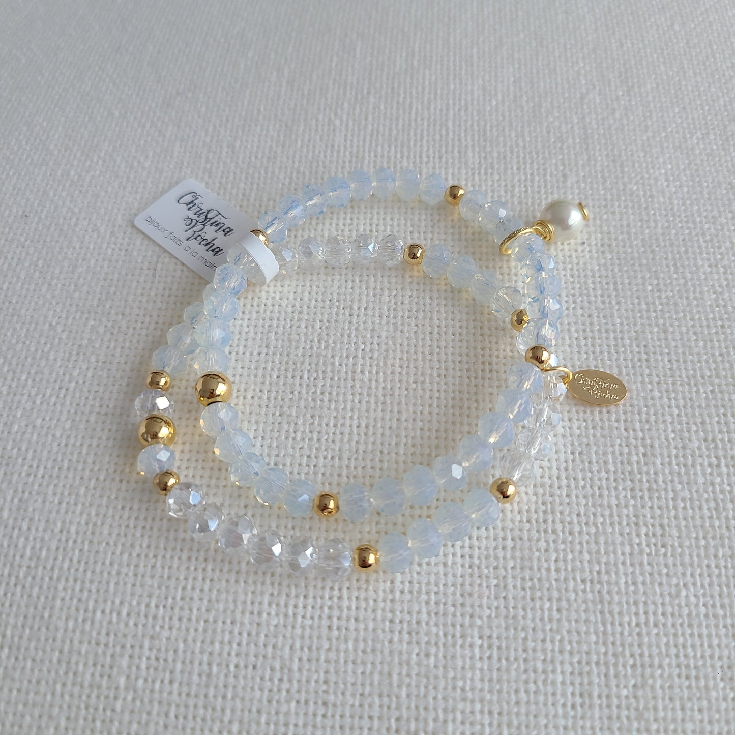 Double bracelet - White Murano Crystal & Pearl